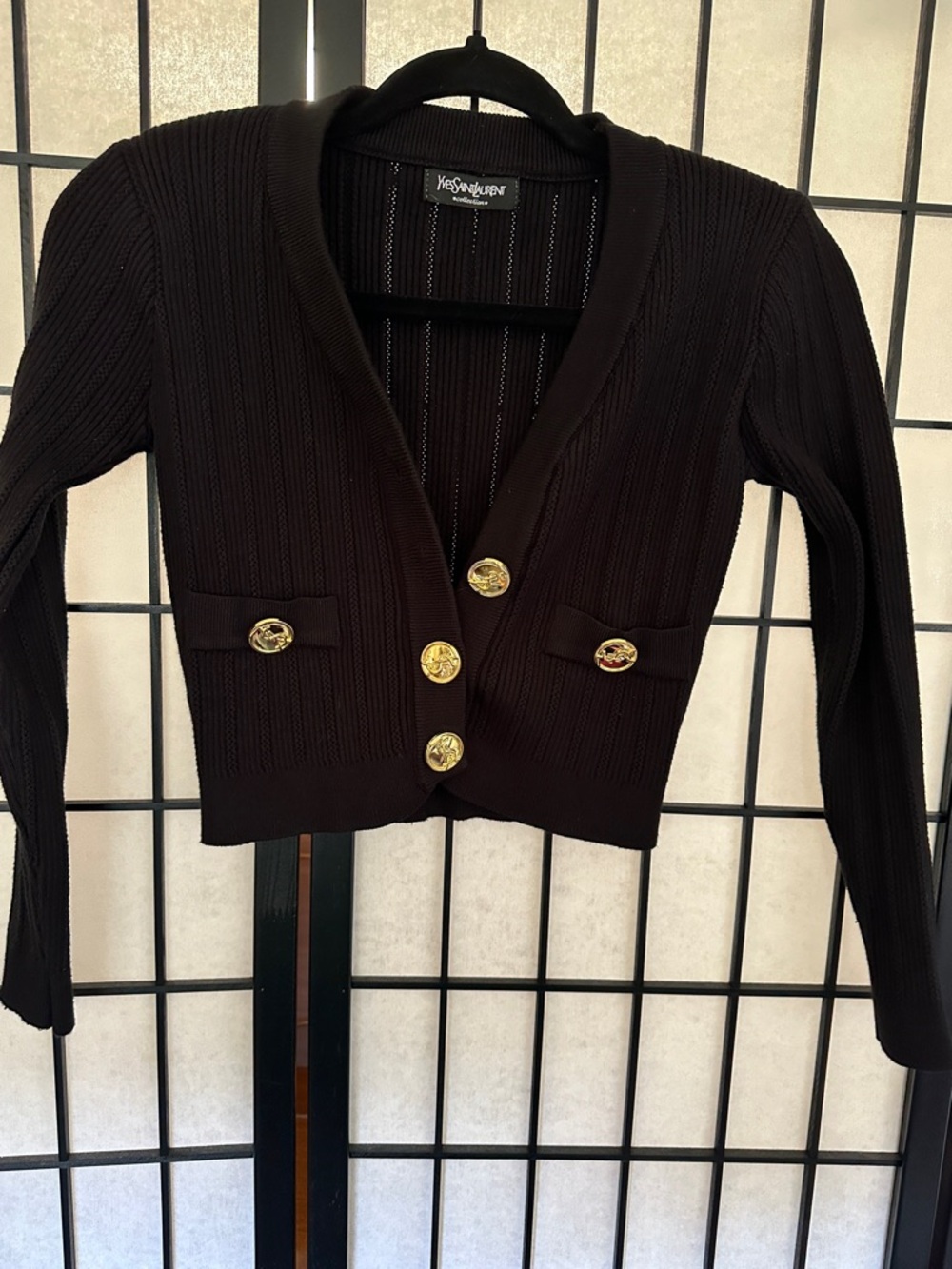 Yves Saint Laurent Black Cropped Ribbed Jacket with Gold Buttons